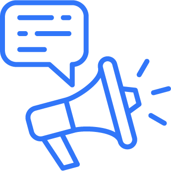 Blue outline of a megaphone with sound lines and a speech bubble indicating announcement or communication.