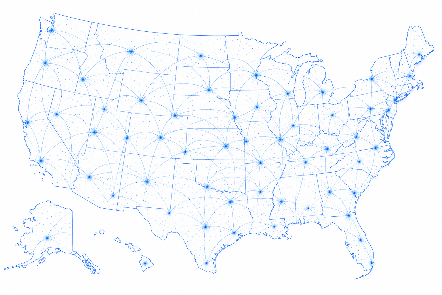 A map of the United States with connected blue nodes indicating data points or network connections across the country.