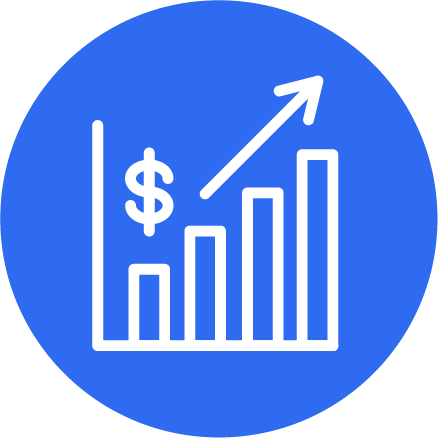 A blue circular icon with a white bar graph, a dollar sign, and an upward trending arrow indicating financial growth.