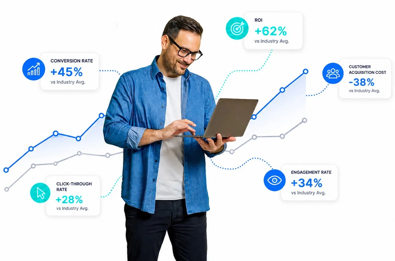 A man in glasses wearing a blue shirt and white t-shirt, holding and using a laptop, with various digital marketing metrics overlaid including conversion rate, ROI, customer acquisition cost, click-through rate, and engagement rate, represented with icons and line graphs.