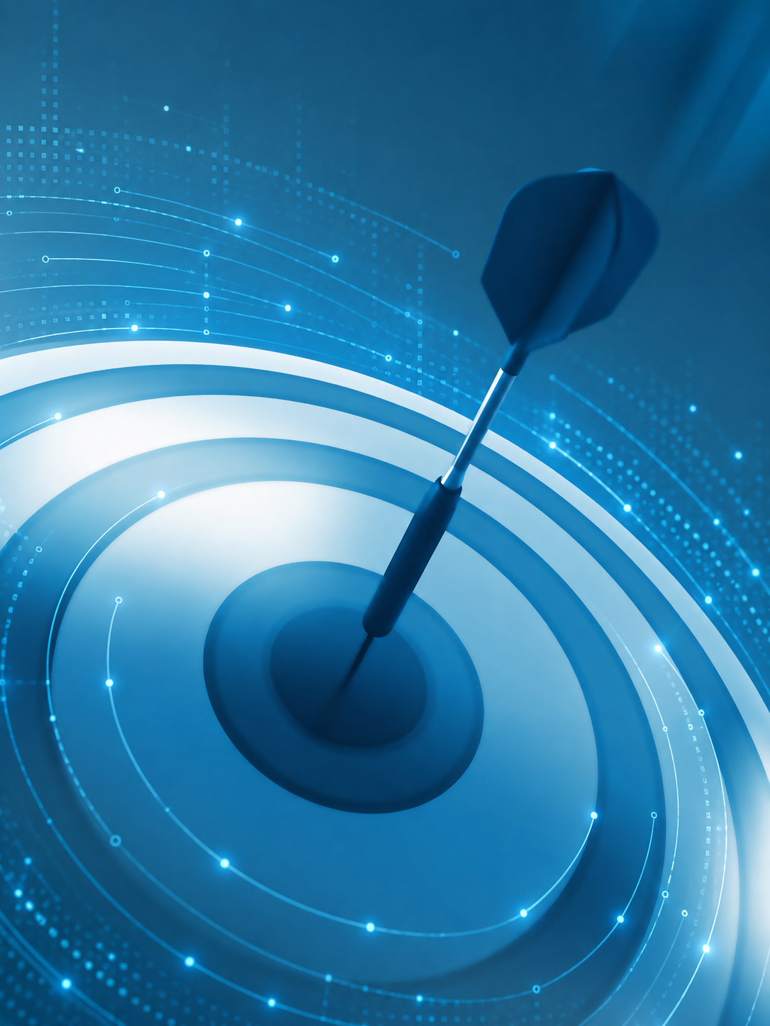 A dart hitting the bullseye on a digital target with abstract blue graphics and glowing lines.