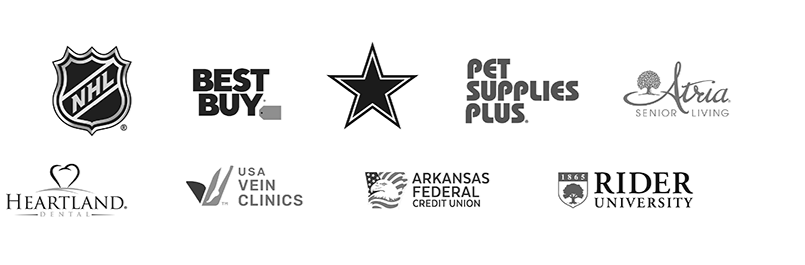 Arrangement of various company logos including NHL, Best Buy, Dallas Cowboys, Pet Supplies Plus, Aria Senior Living, Heartland Dental, USA Vein Clinics, Arkansas Federal Credit Union, and Rider University.