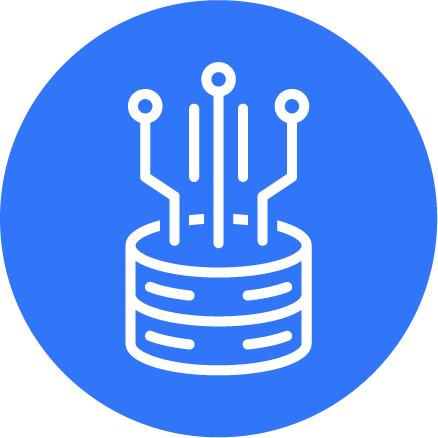 Icon of a database with circuit lines extending upward, symbolizing data and technology.