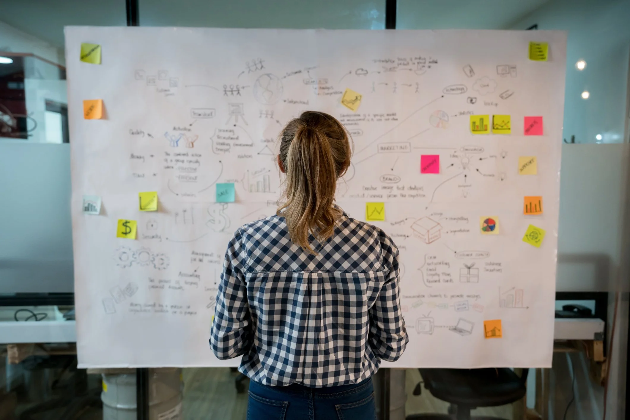 A person with long hair in a ponytail wearing a checkered shirt stands with their back to the camera, looking at a large whiteboard filled with handwritten notes, diagrams, and colored sticky notes in a room with glass walls and visible computer monitors.