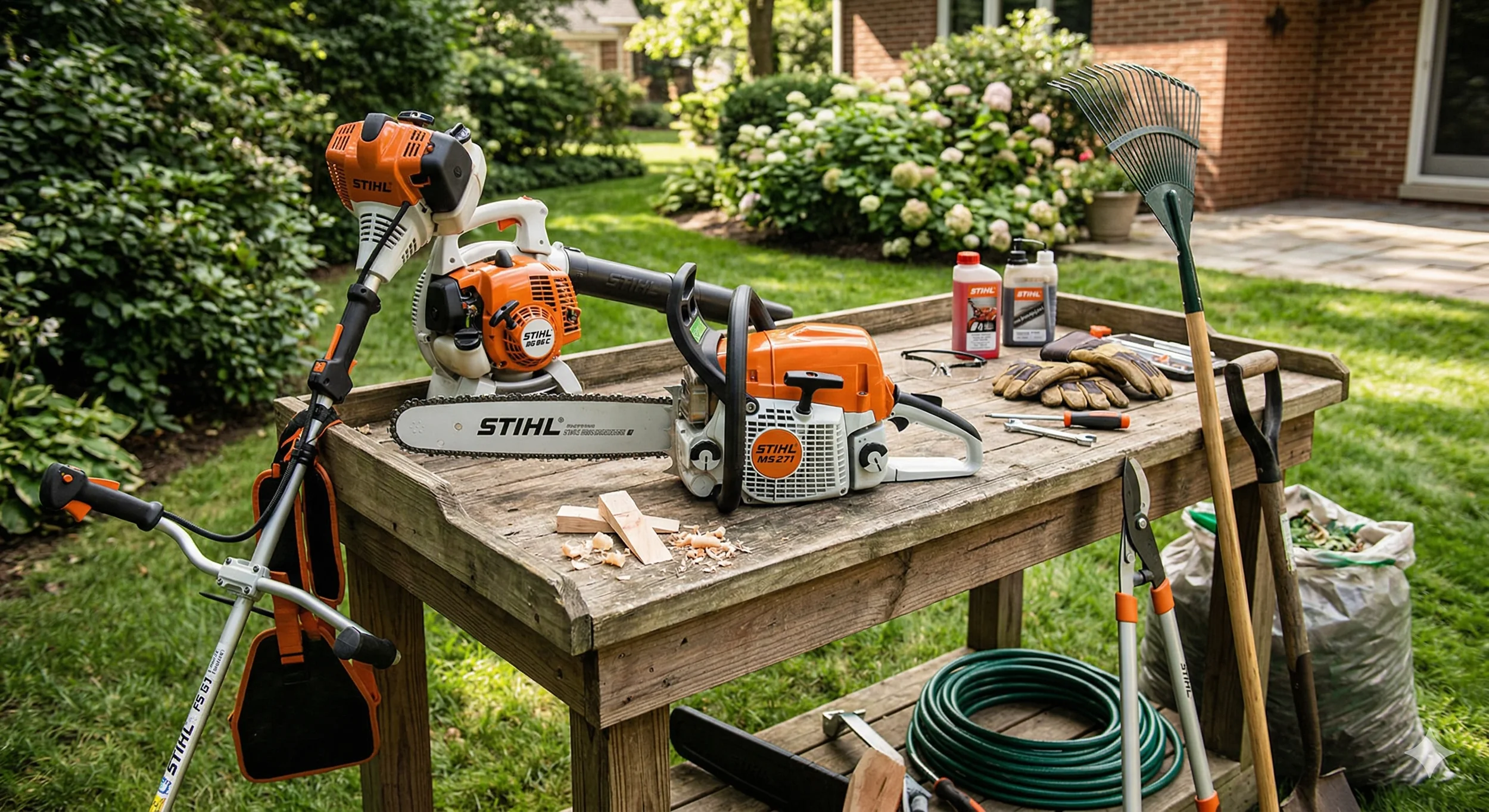 A wooden workbench outdoors with gardening and yard equipment, including a chainsaw, trimmer, rake, gloves, bottles, and gardening tools, in a garden with bushes and plants.