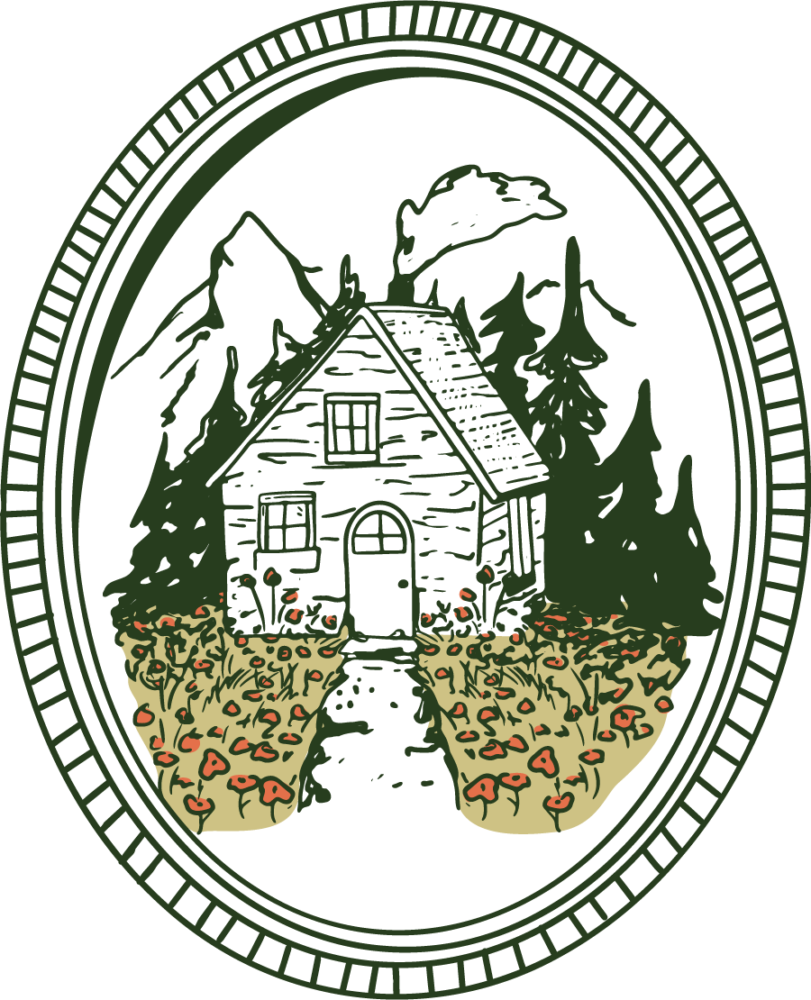 Illustration of a log cabin surrounded by trees and flowers, framed within an oval border.