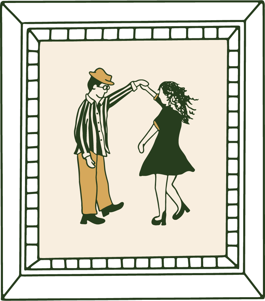 An illustration of a man and woman dancing, with the man wearing glasses, a hat, and a striped shirt, and the woman in a black dress with flowing hair, inside a decorative frame.