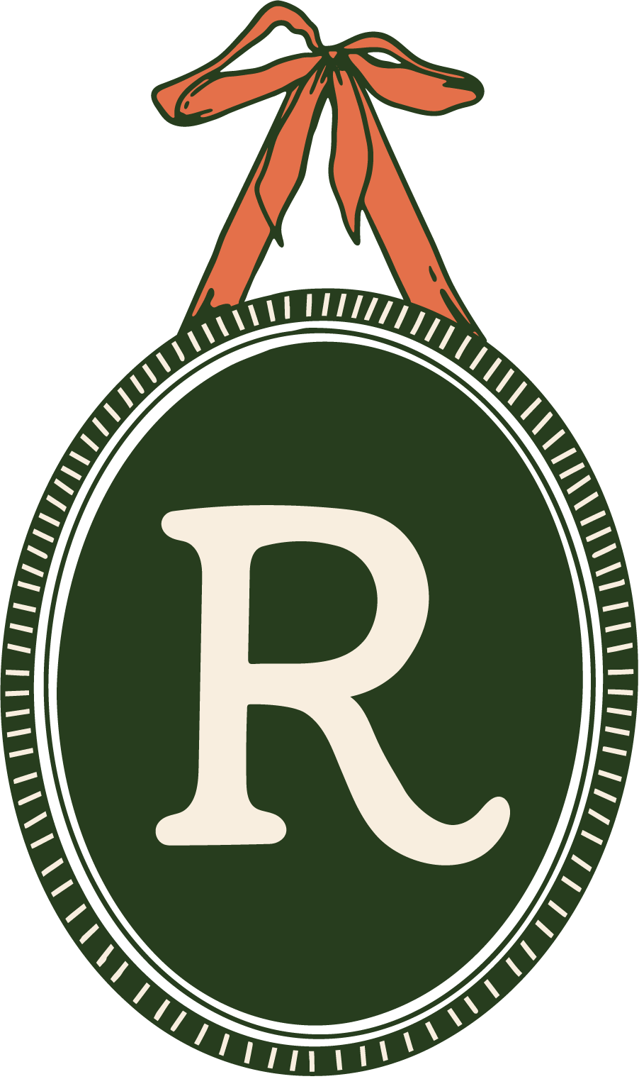 A decorative Christmas ornament with a large white letter 'R' on a dark green background, topped with a brown bow.
