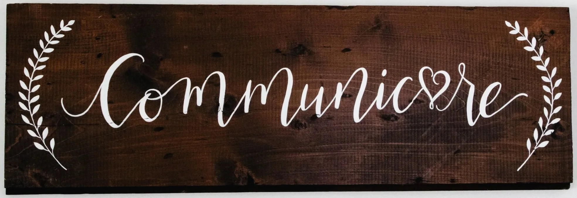 Wooden wall decor with the word 'Communicare' in white cursive letters, flanked by white leafy branches on each side.