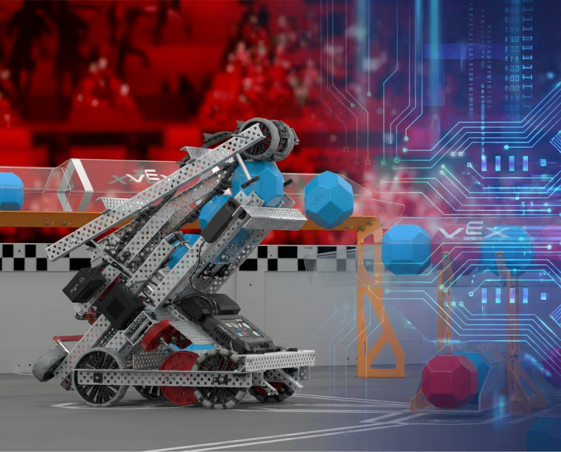 A robot with a metallic and mechanical frame preparing to throw a blue hexagonal plastic block during a robotics competition, with a digitally overlaid circuit pattern on the right side and a blurred red audience in the background.