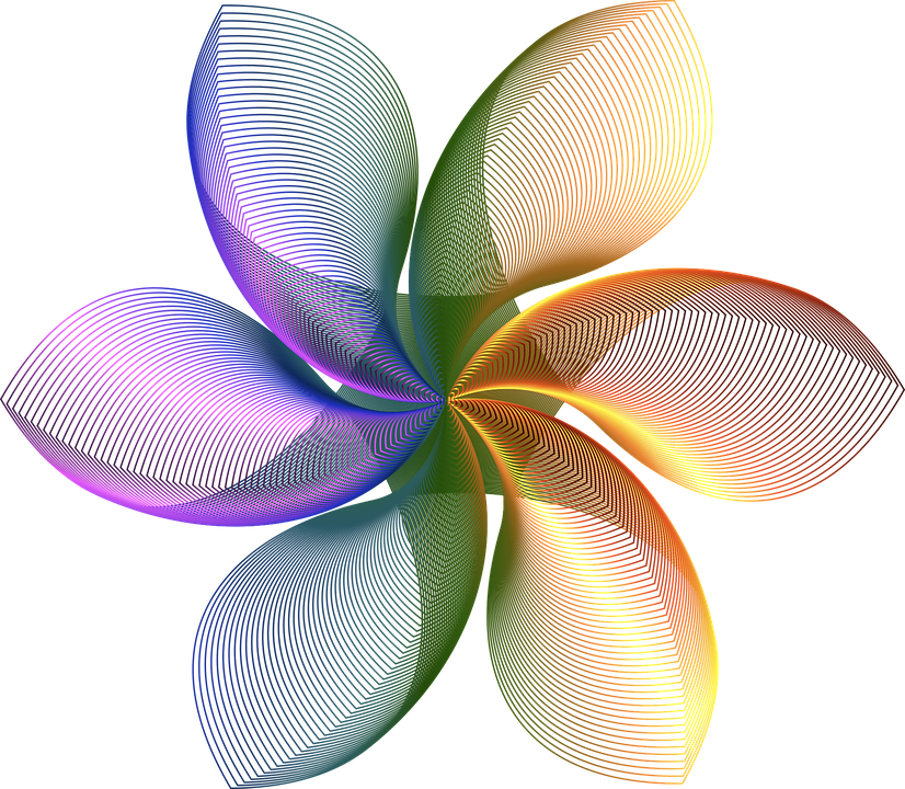 A colorful abstract digital artwork resembling a rotating flower or pinwheel with five petals in purple, blue, green, yellow, and red gradients.