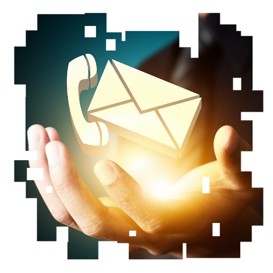 A person holding their hand out with a glowing icon of a phone and an envelope, representing communication or messaging.