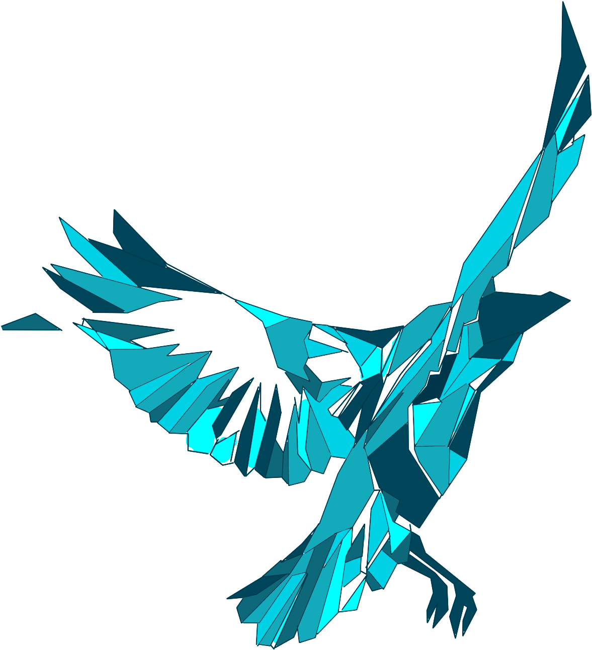 Digital illustration of an abstract, geometric blue eagle in flight with wings spread upward.