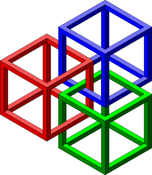 Three colorful 3D wireframe cubes in red, blue, and green, interconnected and overlapping.