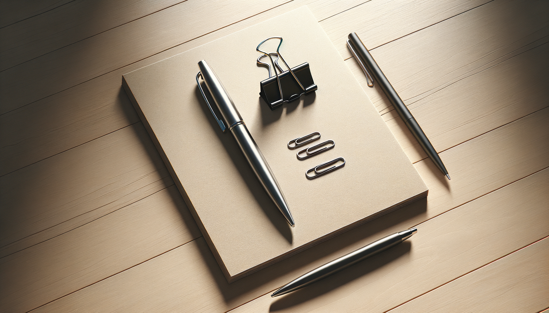 A beige notepad on a wooden surface with two black pens, three paper clips, a binder clip, and a small black clip organizer.