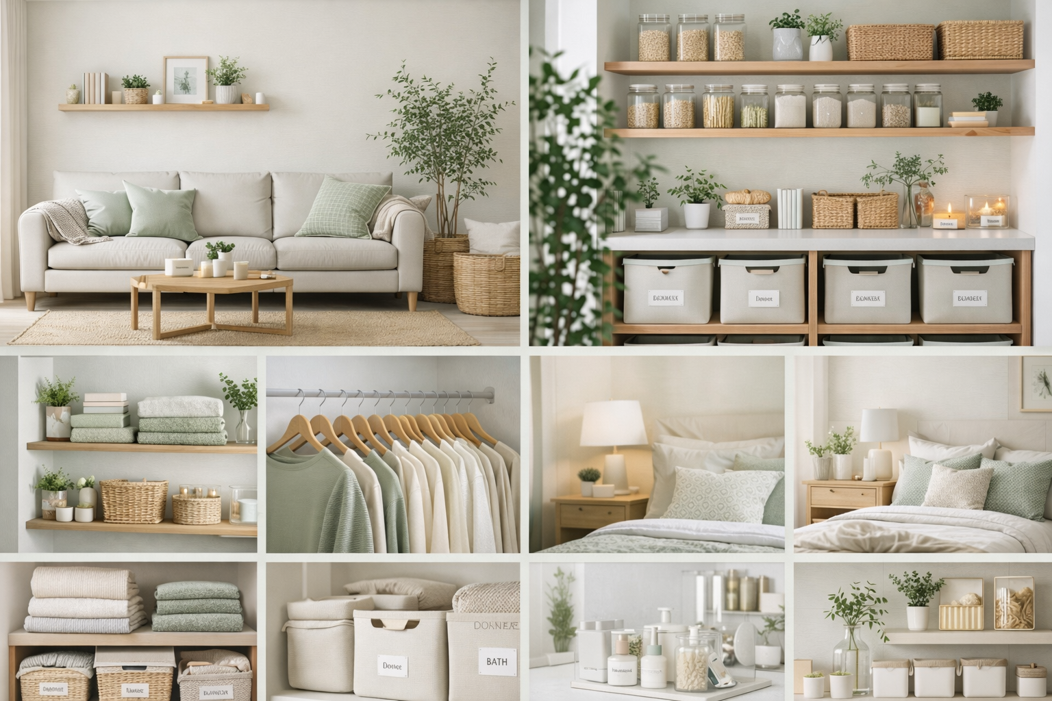 A collage of well-organized, minimalist home interiors with neutral tones. It includes a living room with a white sofa, a bedroom with a bed and nightstand, and shelves filled with plants, books, storage baskets, and toiletries.