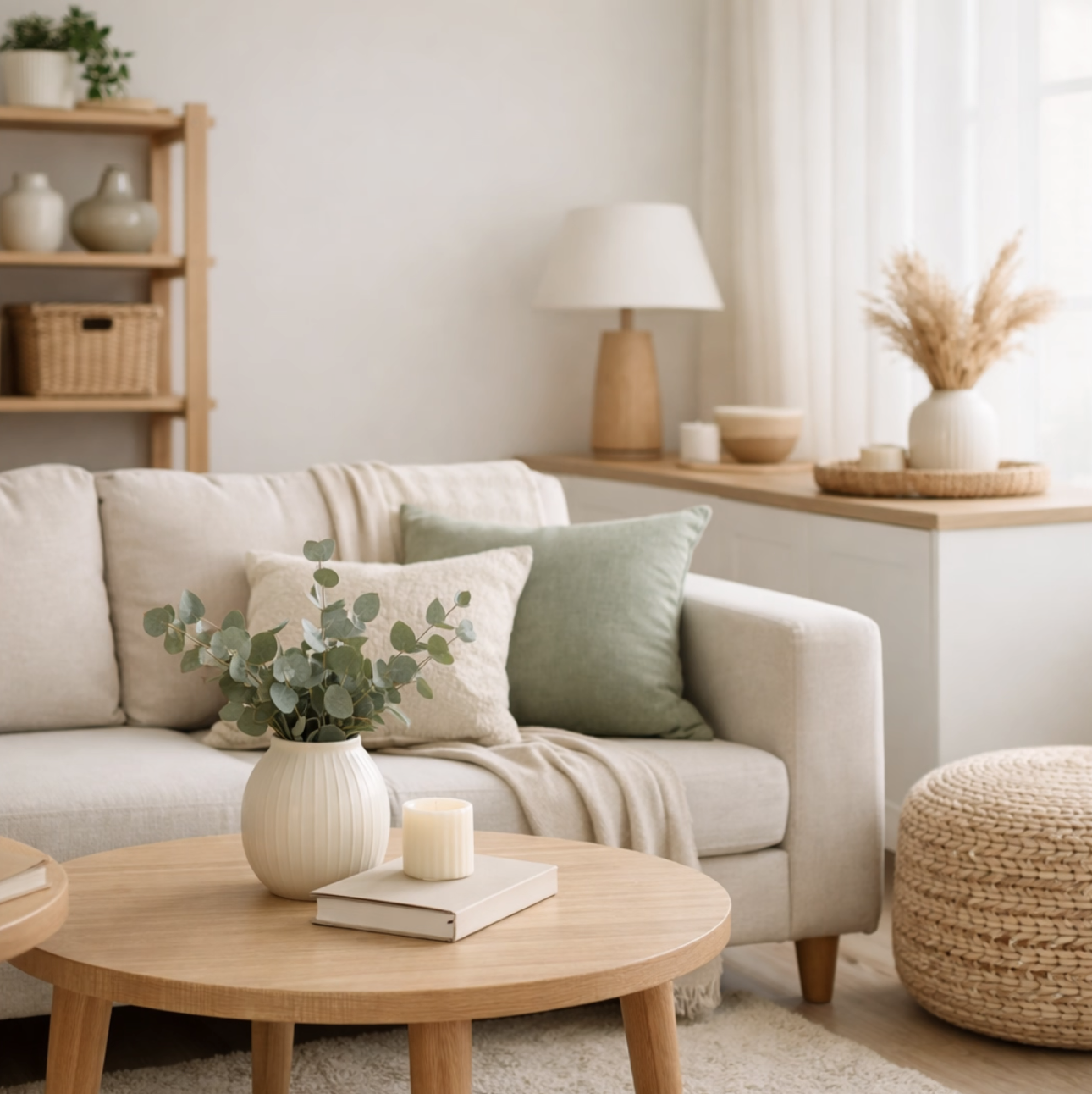 Cozy living room with beige sofa, green and cream cushions, vases with plants, wooden coffee table with candles and books, and light-colored decor.