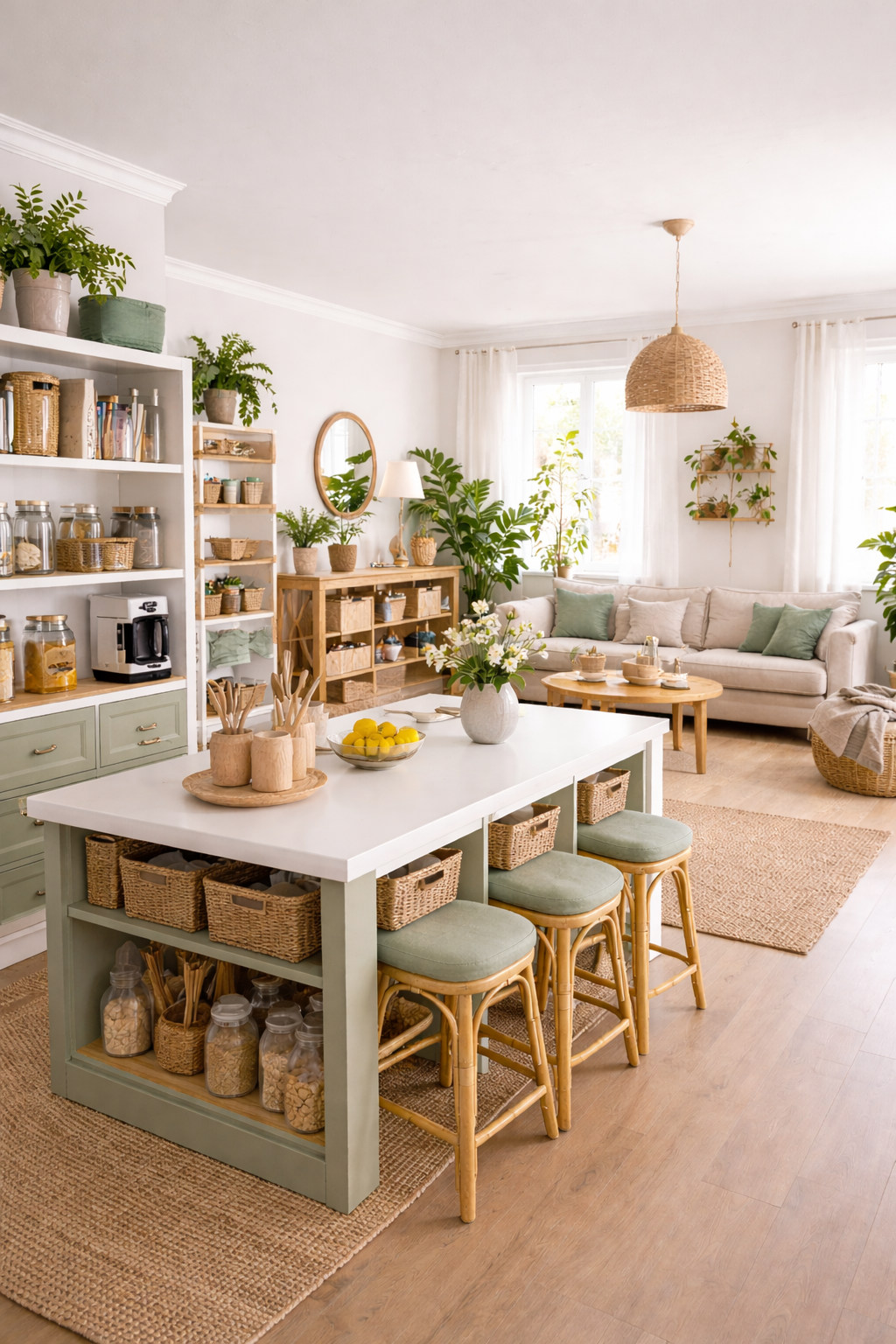 Bright, airy kitchen and living room with neutral tones, green plants, and woven decor accents. Includes a white kitchen island with wicker baskets underneath, glass jars with dry goods, and a cozy seating area with pillows and plants.