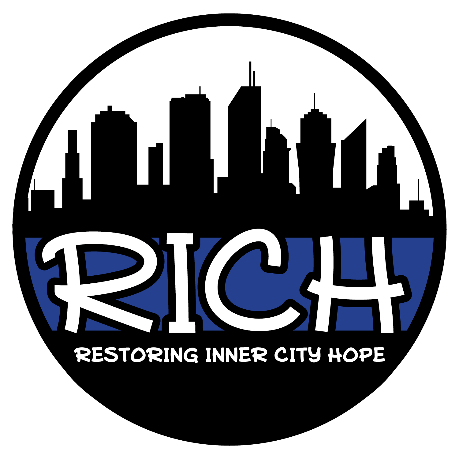Logo for RICH, with the tagline 'Restoring Inner City Hope' in white text, featuring stylized white and blue lettering on a black background.