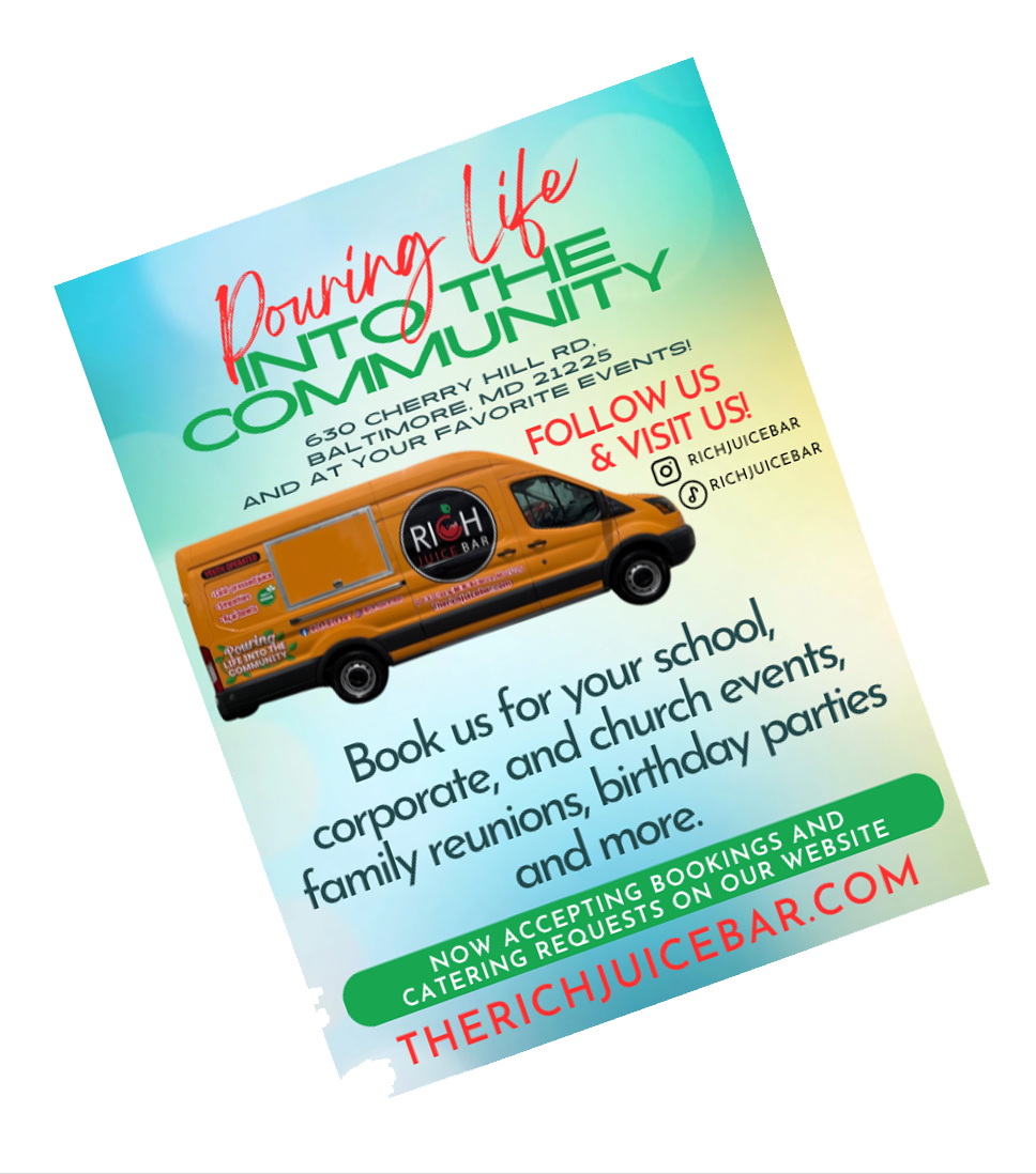 Flyer advertising a community event, featuring the service of a food truck called RICH JUICEBAR. The flyer invites booking for school, corporate, church events, family reunions, birthday parties, and more, with details on how to contact or follow on social media.