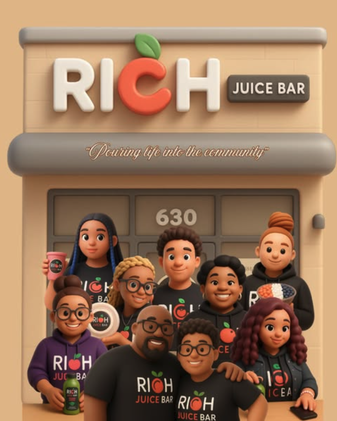A cartoon-style illustration of a diverse group of people standing in front of a juice bar with the sign 'RICH Juice Bar'. They are smiling and holding drinks, with a welcoming slogan 'Pouring life into the community' written on the storefront.