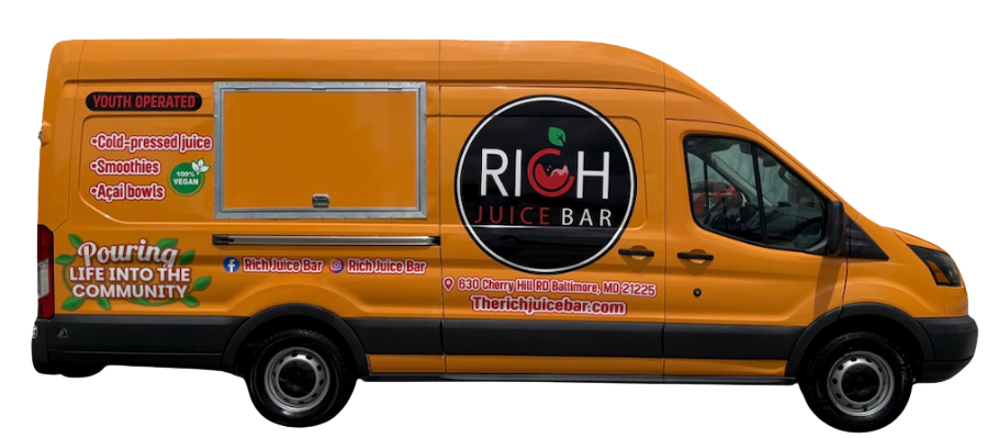 Orange delivery van with Rich Juice Bar branding, featuring social media and contact info, promoting cold-pressed juice, smoothies, and açaí bowls.