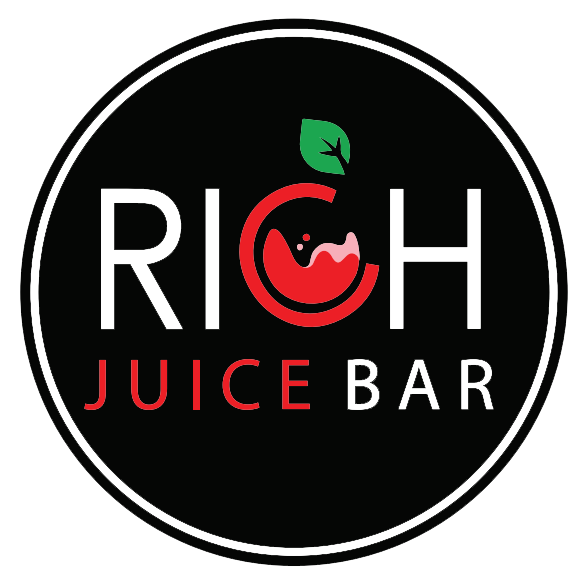 Logo for RICH Juice Bar featuring a stylized apple with a leaf, with the text 'RICH JUICE BAR' around it.