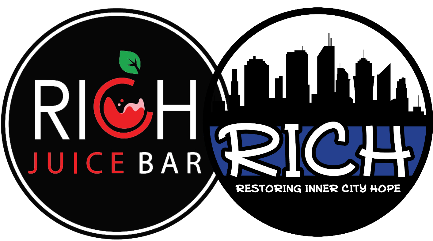 Two circular logos, one for a juice bar with the text 'Rich Juice Bar' and a cherry icon, the other with a city skyline and the words 'Rich Restoring Inner City Hope'.
