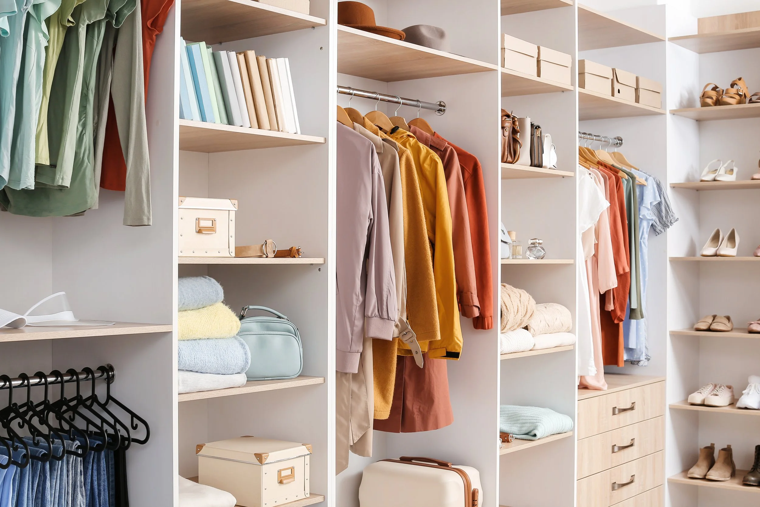 Organized closet with shelves holding folded clothes, hanging garments in various colors, handbags, shoes, and storage boxes.