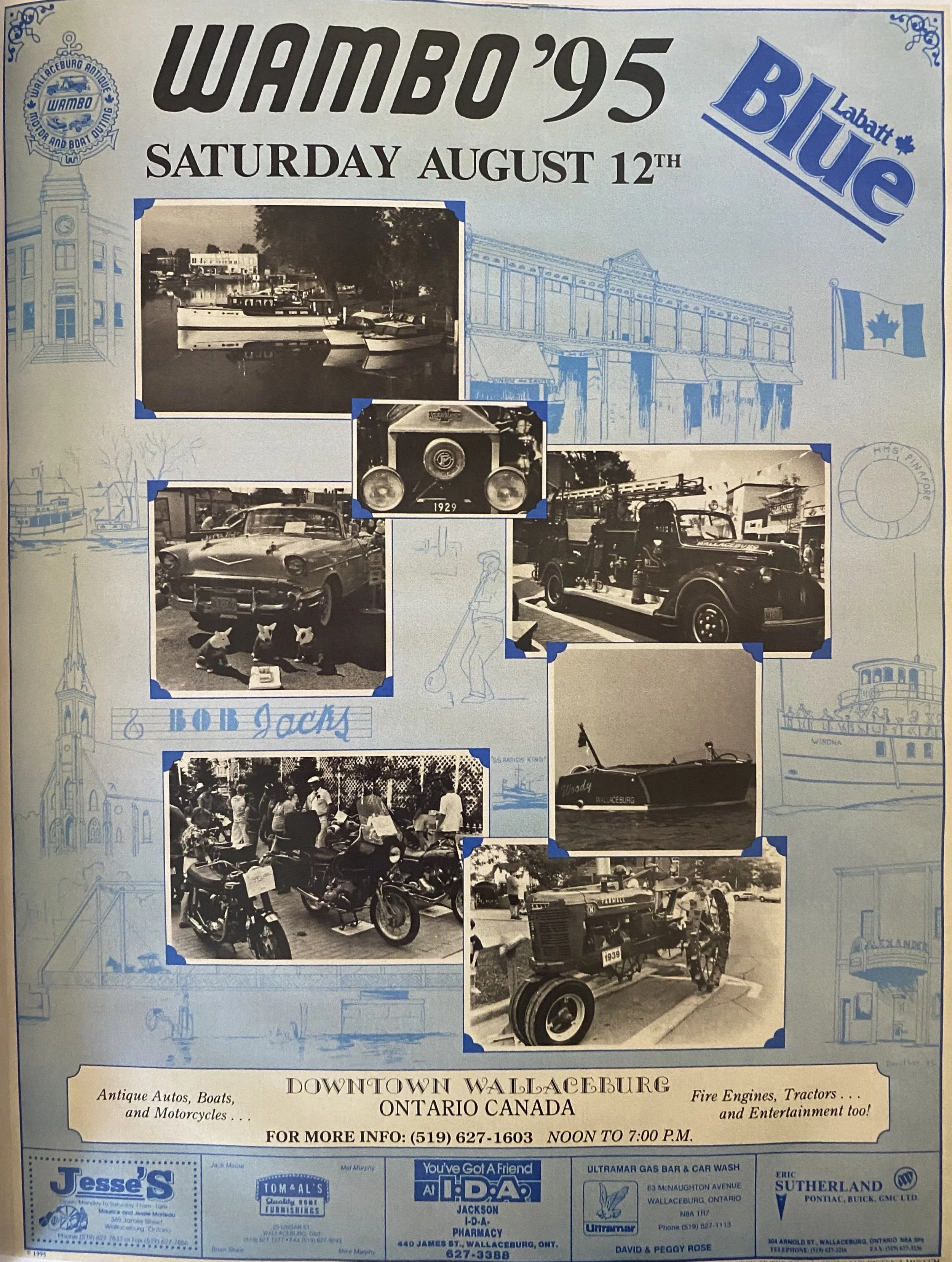 Collectible post for WAMBO event in 1995 showing cars, boats, fire trucks and more.