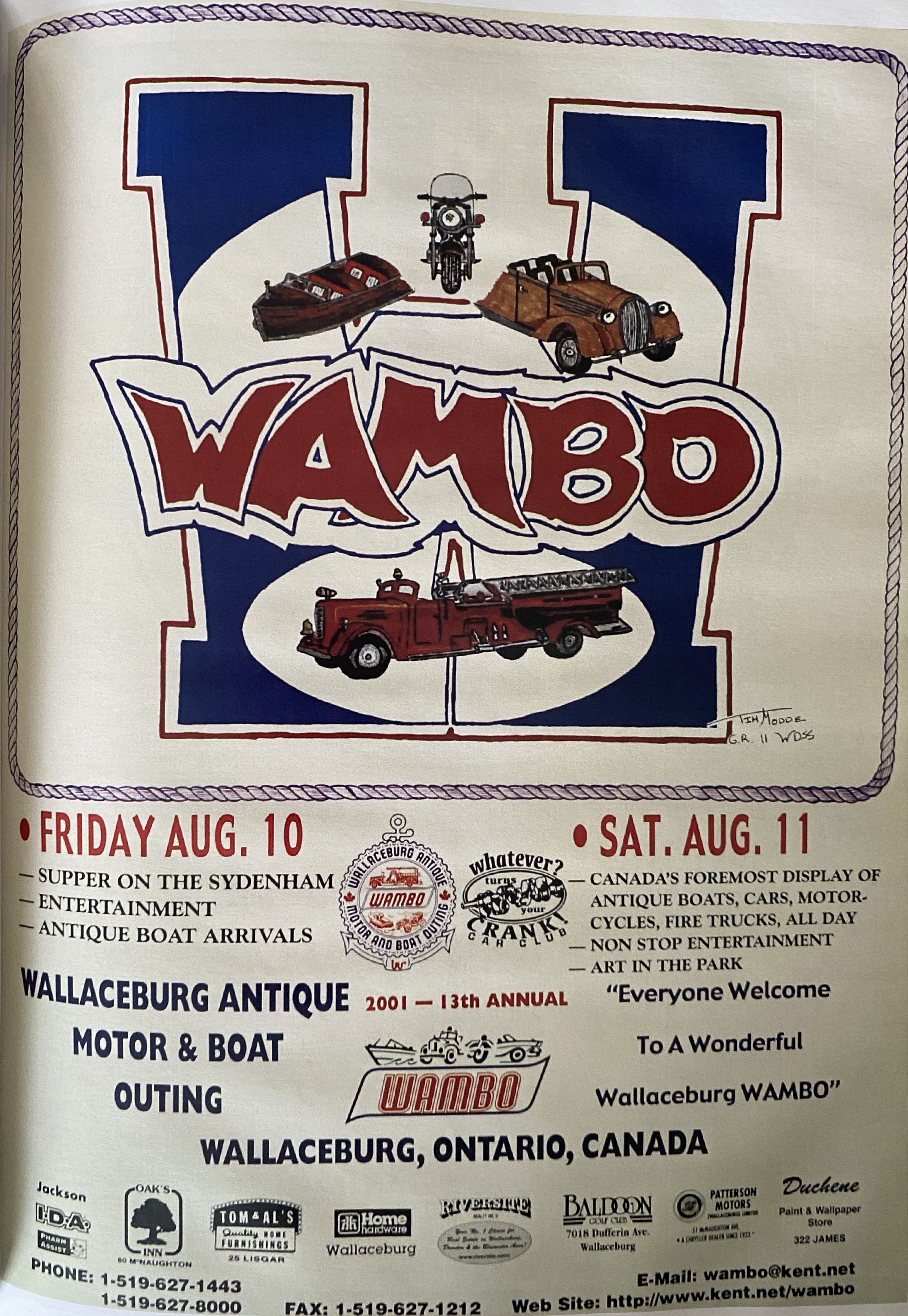 Collectible post for WAMBO event in 2001 showing cars, boats, fire trucks and more.