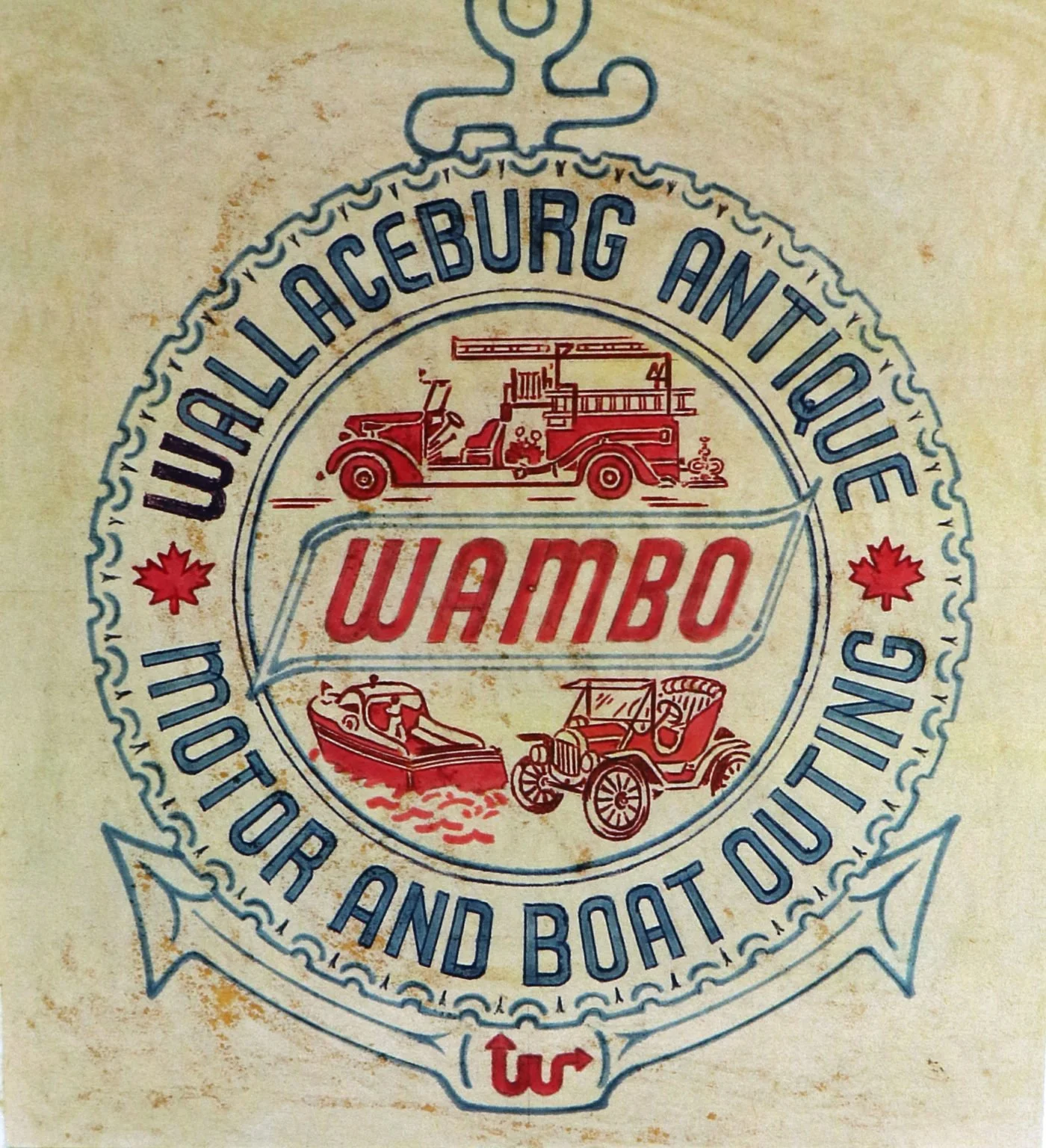 Sketch version of the official WAMBO logo from the original work done by local Jack Dent showing a crest with the event name and illustrations of a car, boat and fire truck