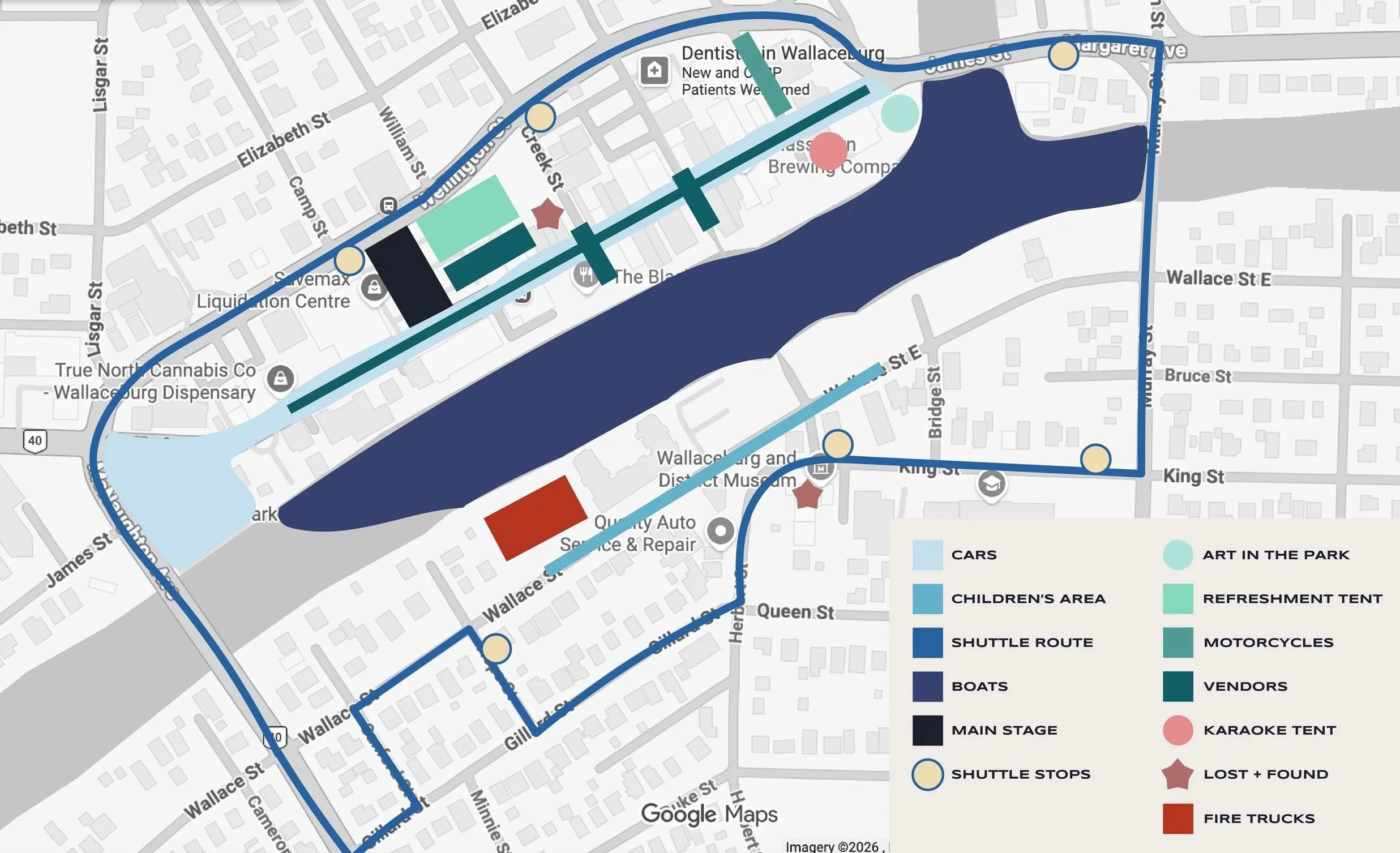 Map of the downtown area of Wallaceburg with a custom legend made up to show the different areas for car and boat display, shuttle pickup and drop off locations, the main stage, refreshment tent and every thing to do at the event