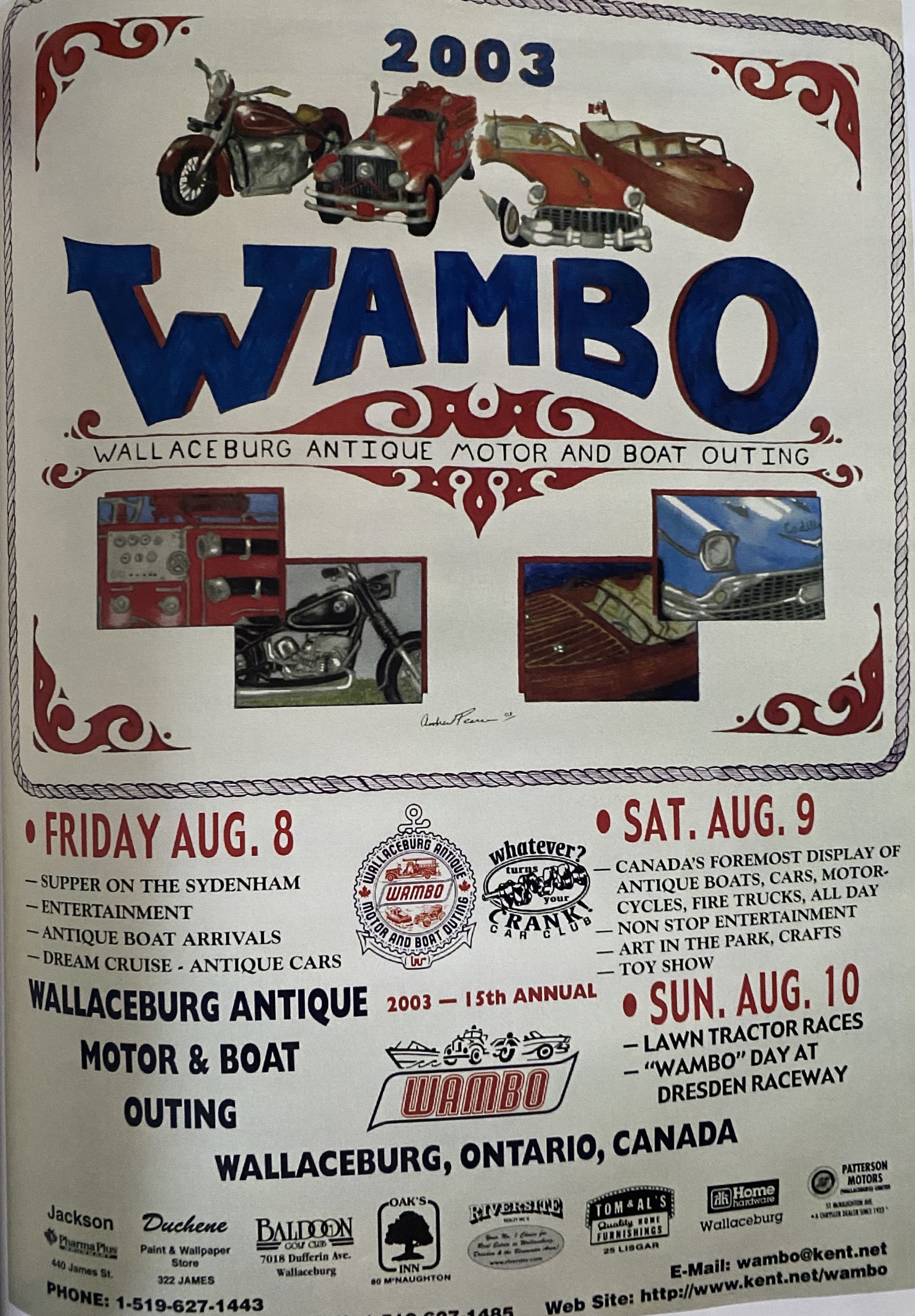 Collectible post for WAMBO event in 2003 showing cars, boats, fire trucks and more.