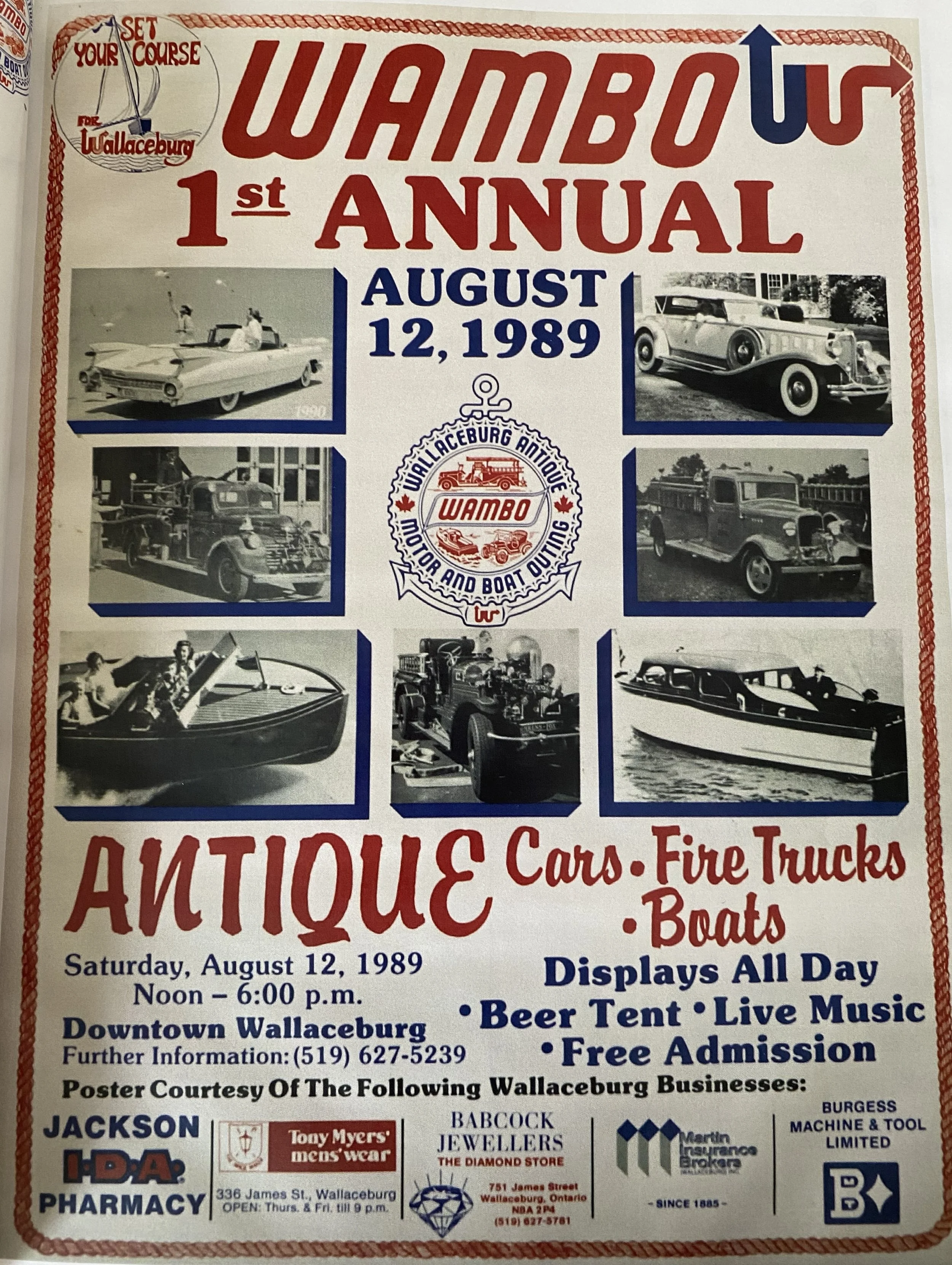 Collectible post for the first annual WAMBO event in 1989 showing cars, boats, fire trucks and more.