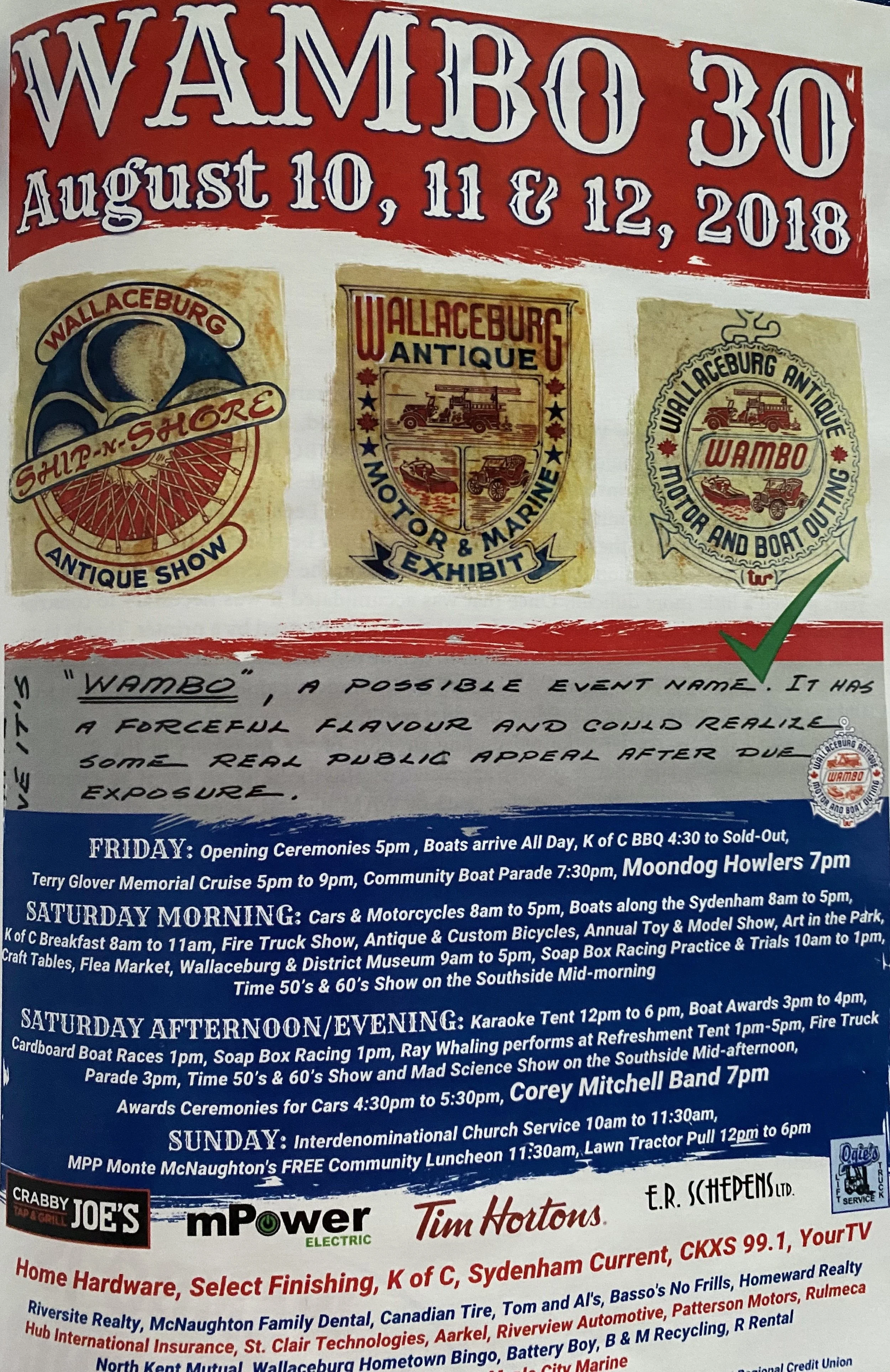 Collectible post for WAMBO event in 2018 showing cars, boats, fire trucks and more.