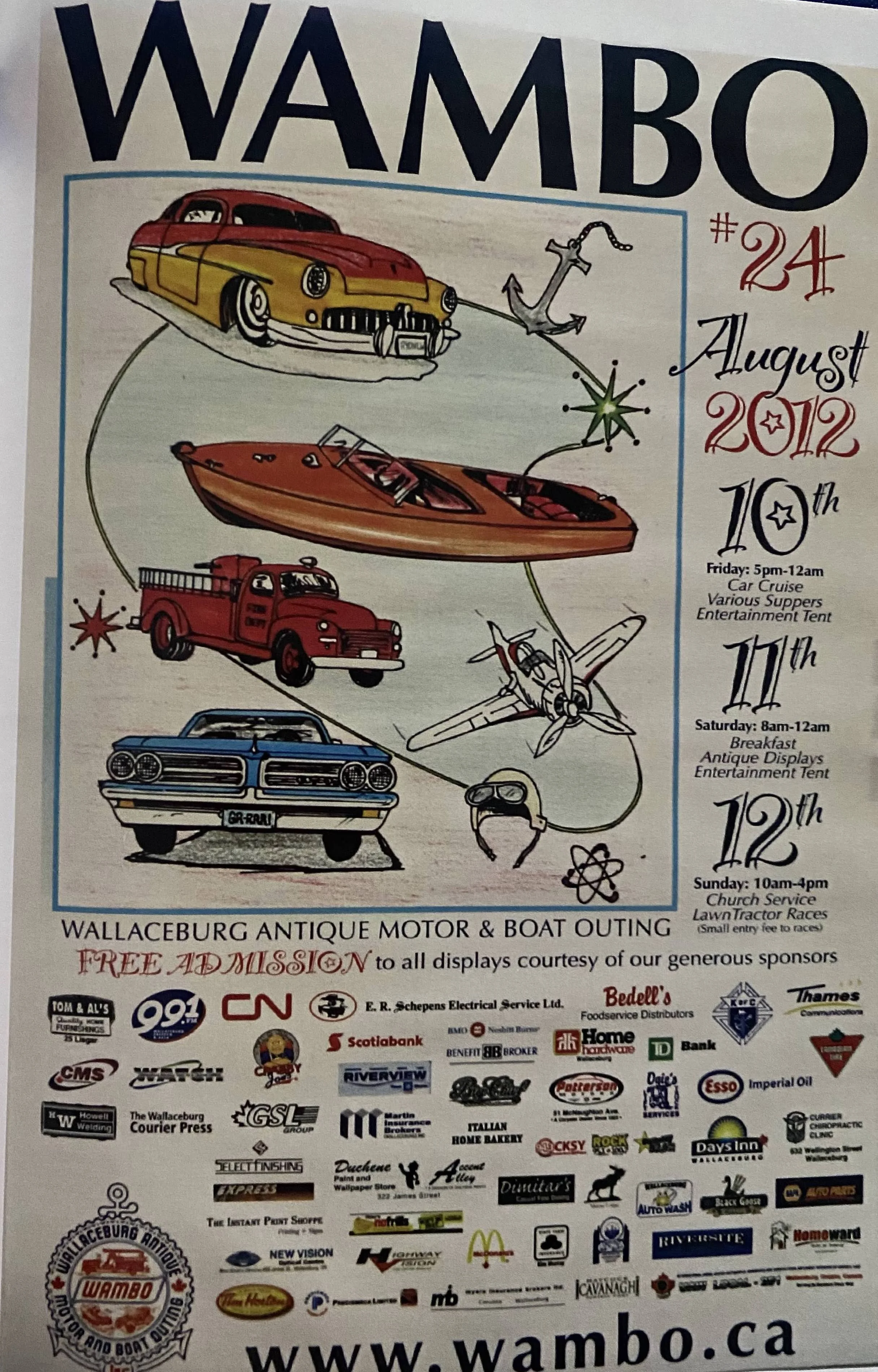 Collectible post for WAMBO event in 2012 showing cars, boats, fire trucks and more.