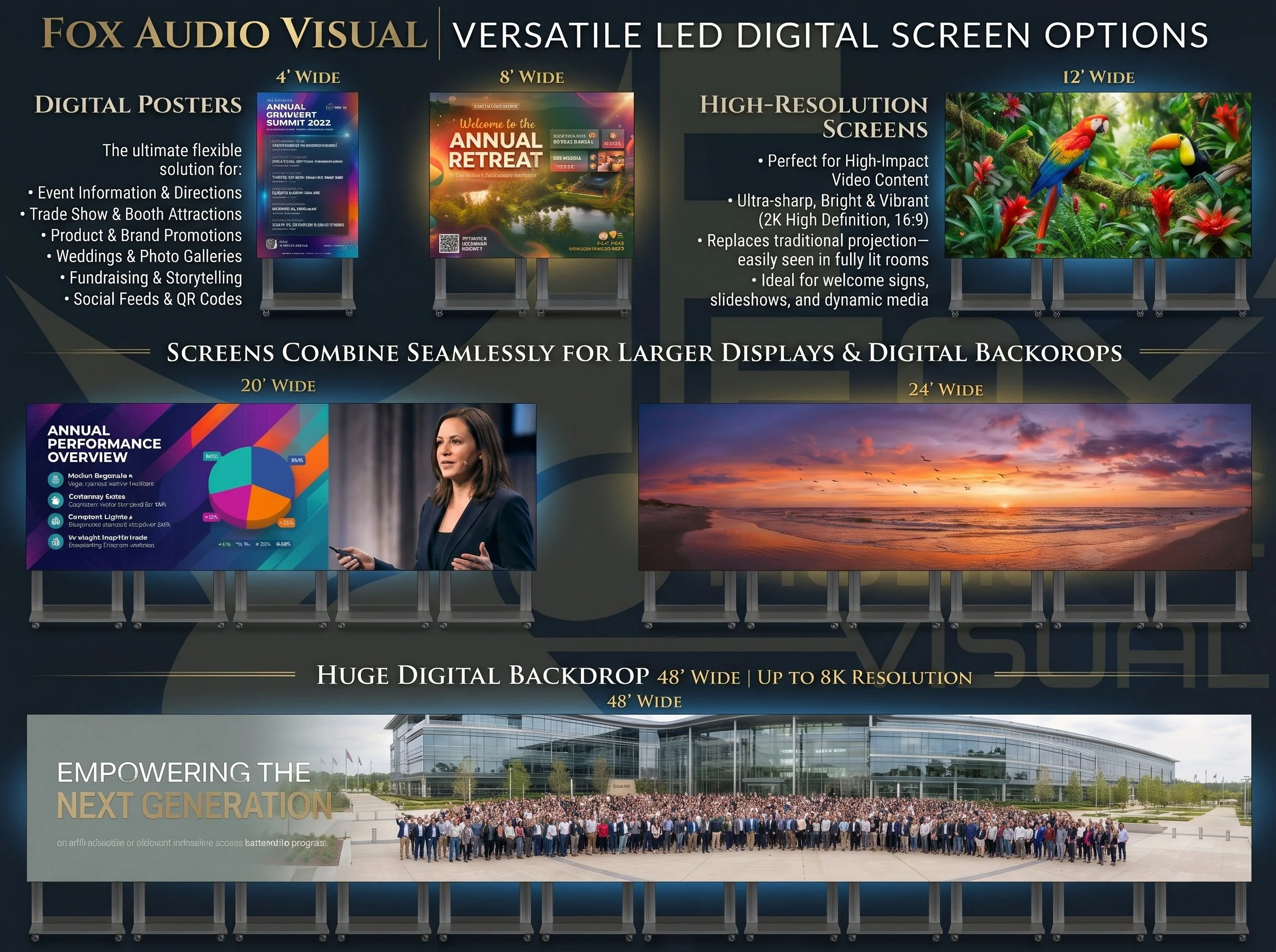 Fox Audio Visual Offers a comprehensive range of Versatile LED  digital screen options to elevate any event, trade show, wedding or corporate presentation.