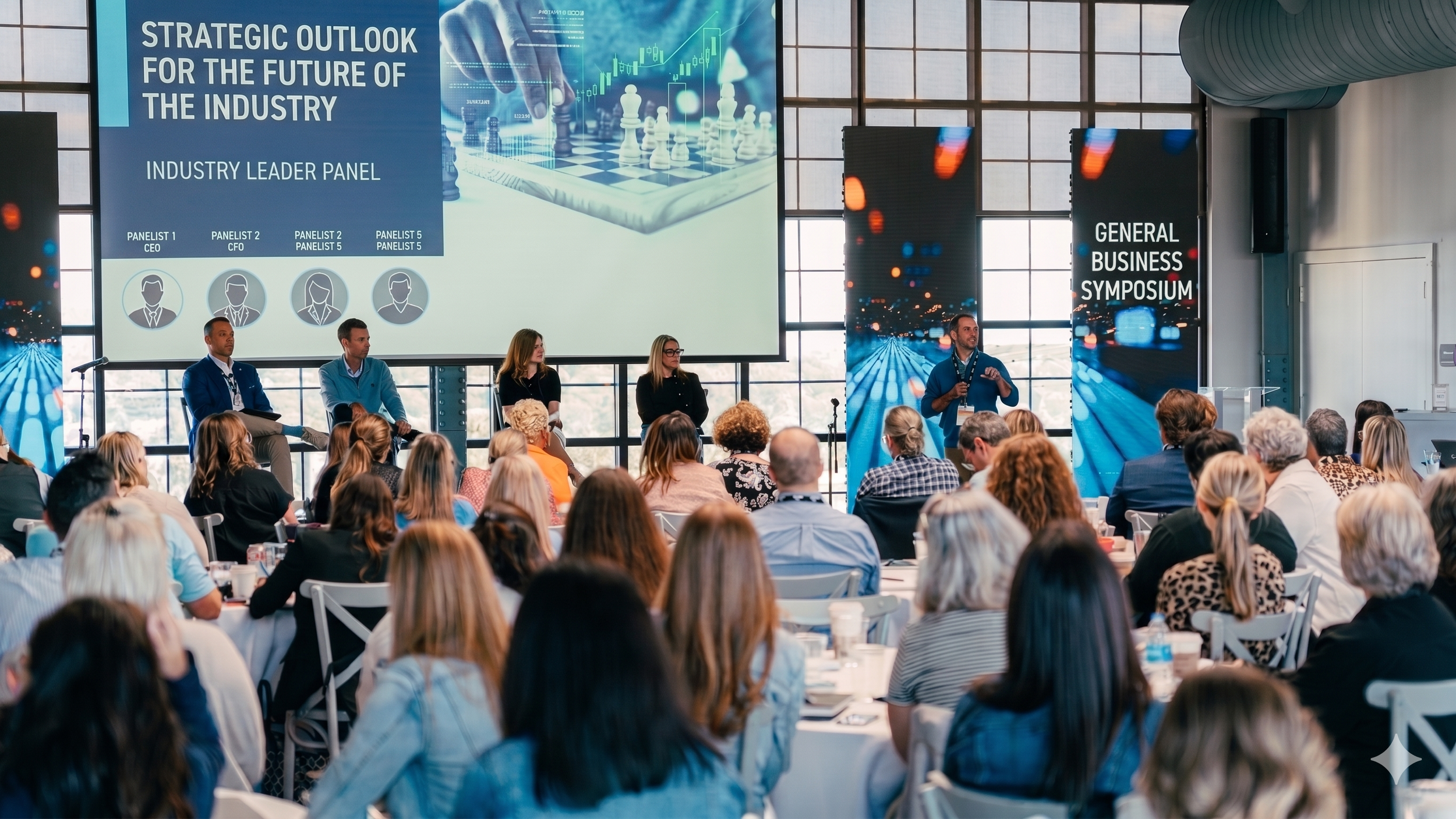 A large conference room filled with people attending a business symposium. Four panelists sit on stage in front of a large screen displaying a presentation titled 'Strategic Outlook for the Future of the Industry.' The conference is held in a modern 