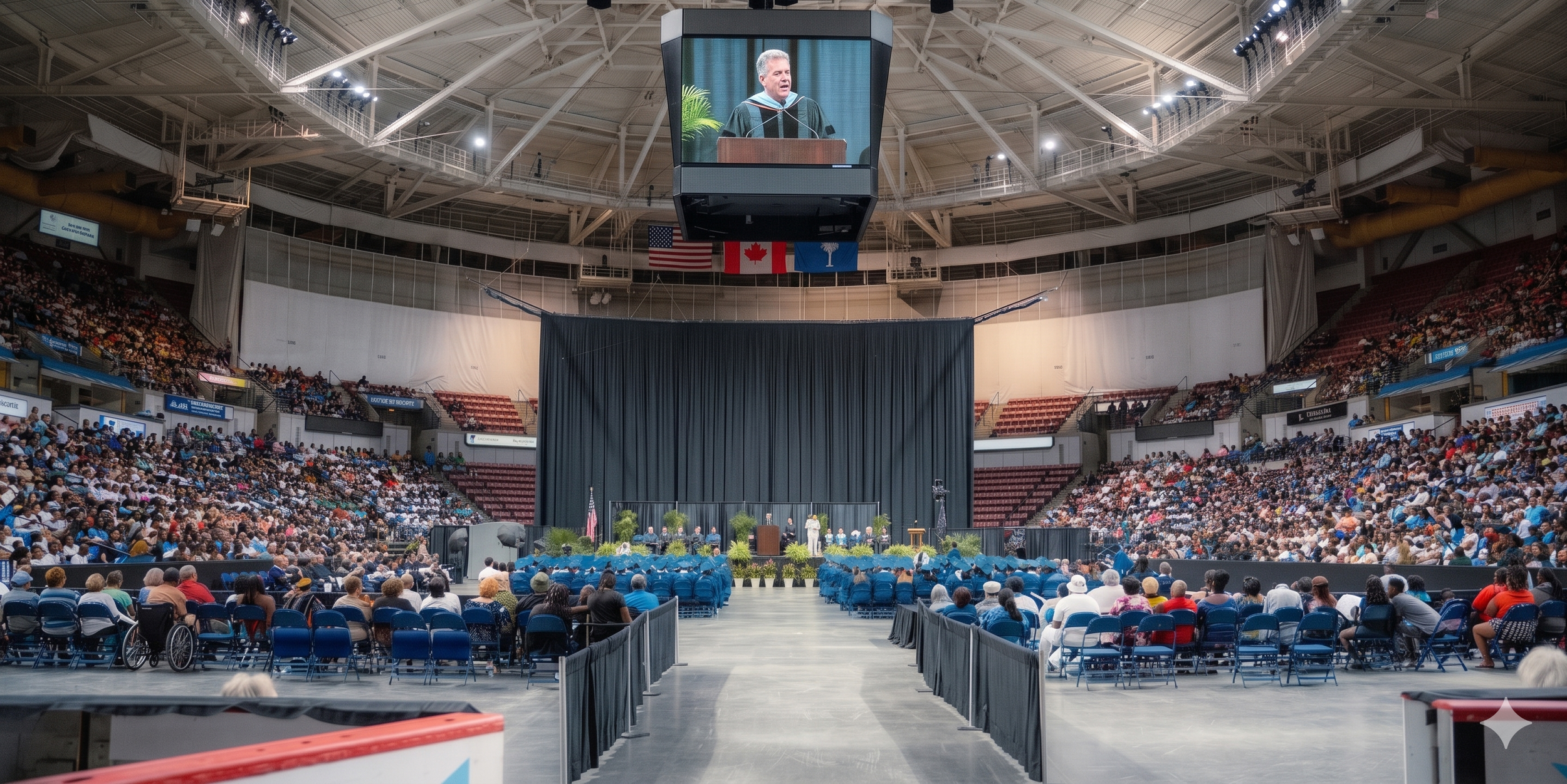 Large indoor arena filled with audience members attending a graduation ceremony, with a stage set up for speakers and a giant screen displaying a man in academic regalia.