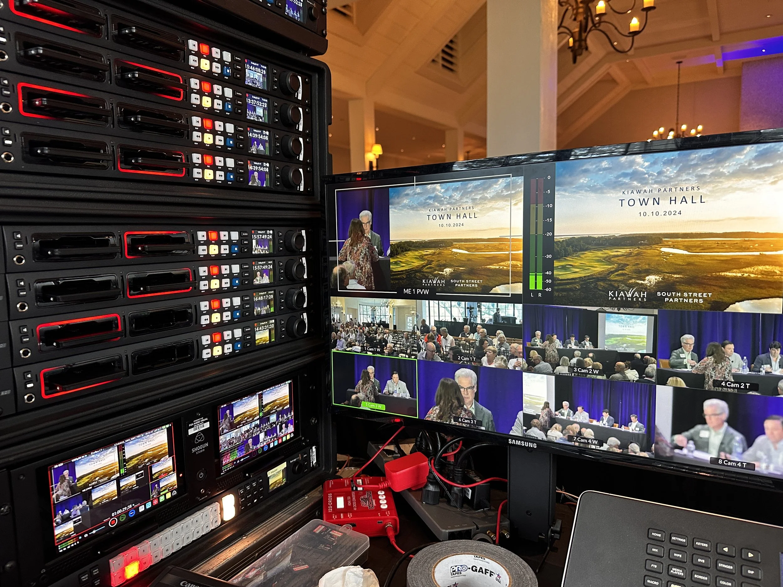 Video control room with multiple monitors and control panels showing a town hall event on October 10, 2024, including speakers and audience shots.