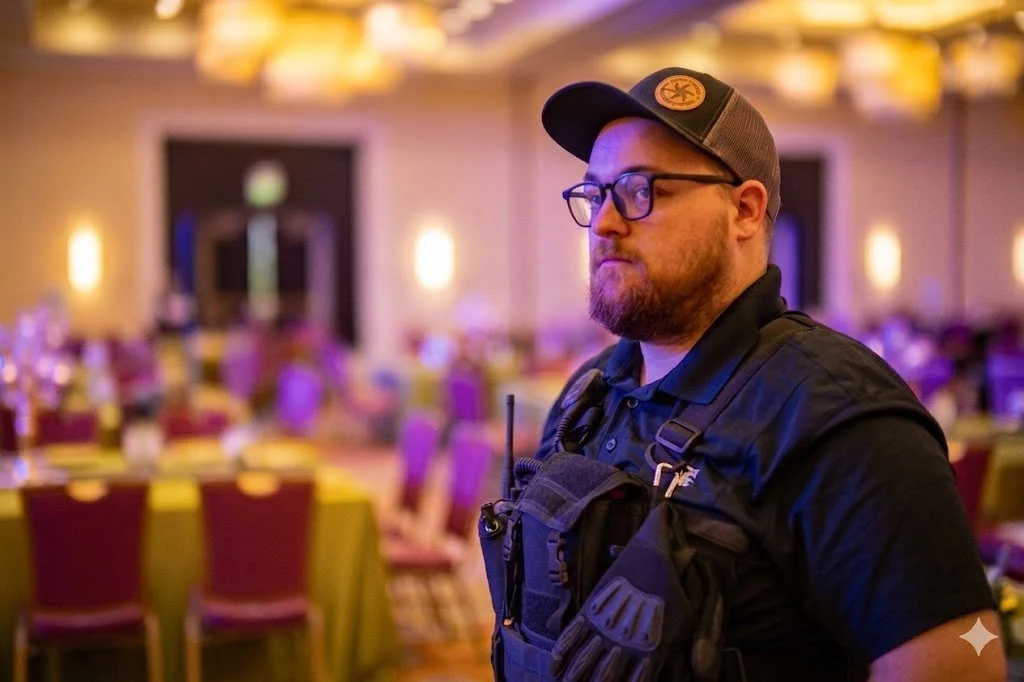 A man with glasses and a beard wearing a baseball cap and black shirt stands inside a large, decorated banquet hall with tables and chairs, and purple lighting.