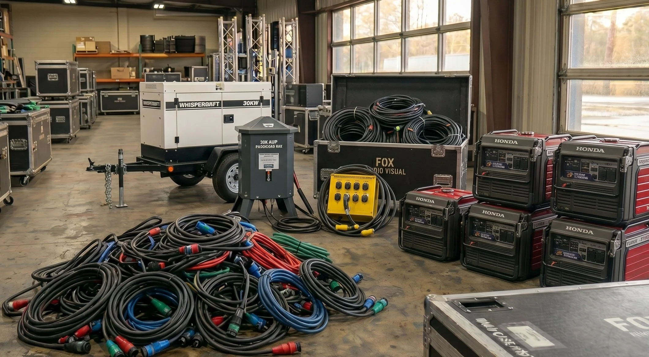 High-capacity event power distribution setup featuring WhisperWatt silent generators, portable Honda generators, and heavy-gauge power cabling for outdoor festivals in Charleston.
