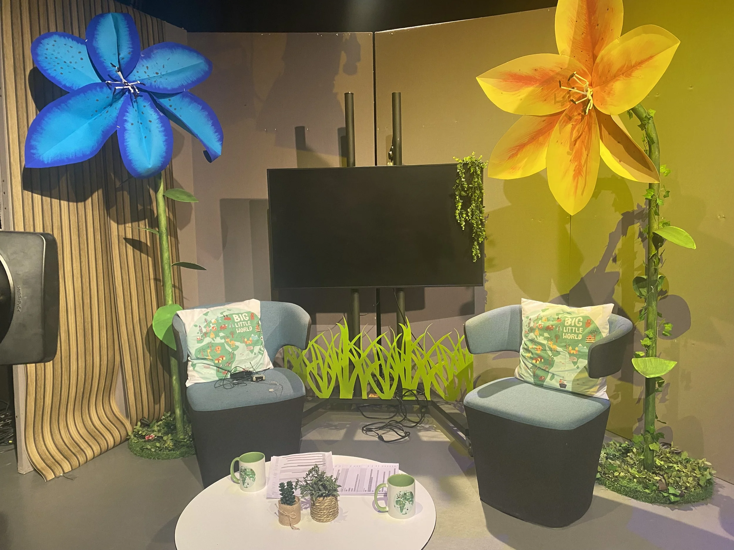 A photo while constructing the set for  children's TV show 'Big Little World'. 6ft flower props and other dressing. Click the image to watch the show!
