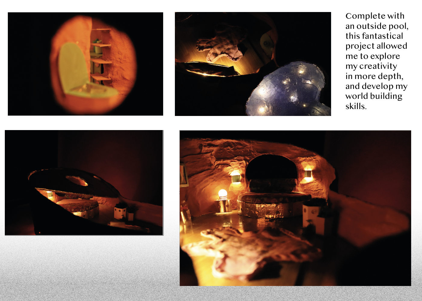 This project entailed the creation of a 2-tier scale model of my original design for an open-plan Martian home. I enjoyed exploring how nostalgia and comfort from the past could combine with optimism for the future in a home designed for life on Mars