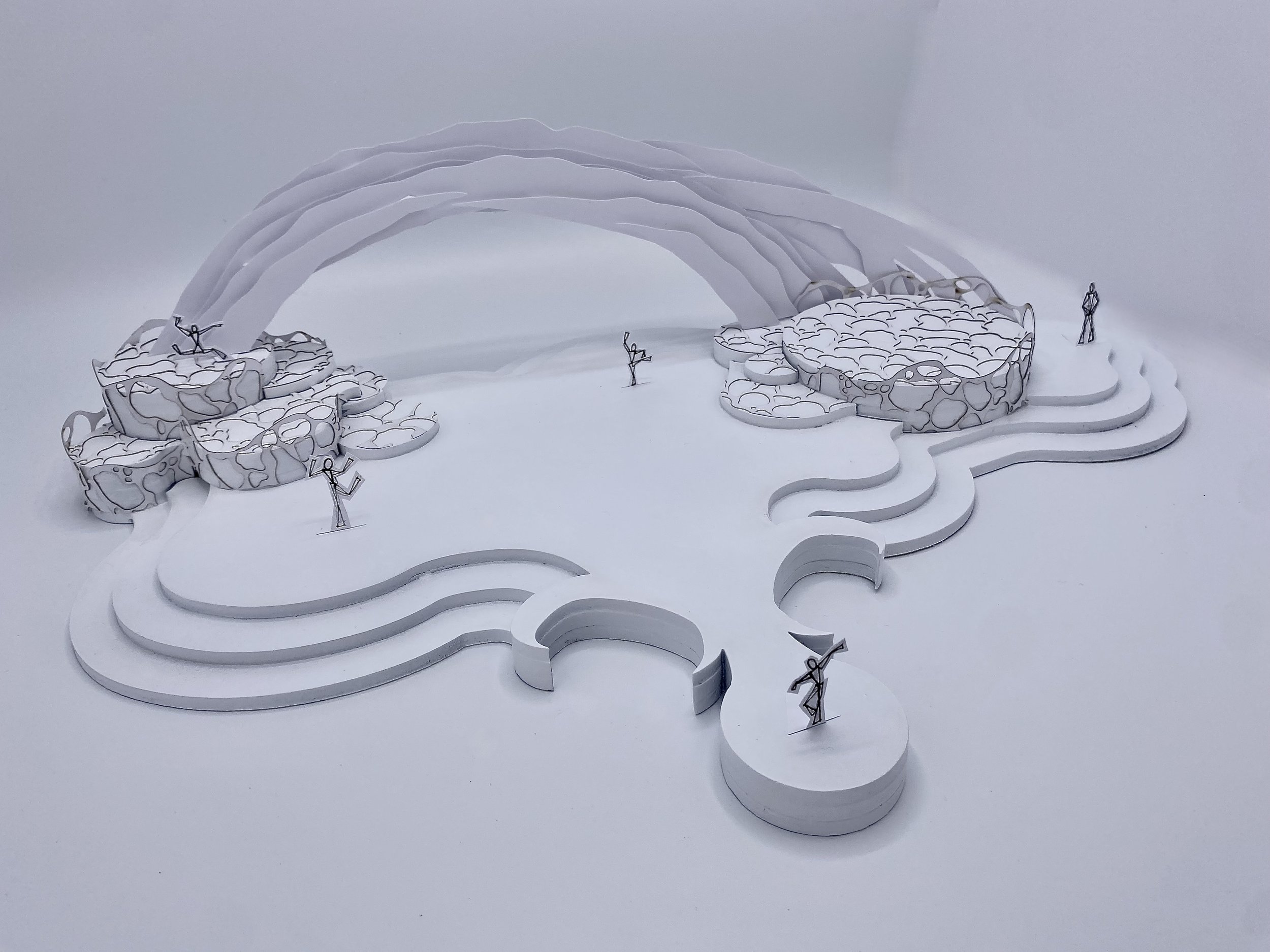 1:50 scale white card model illustrating my stage design for 'Avatar: Live', a live performance concept based on The Way of Water. 