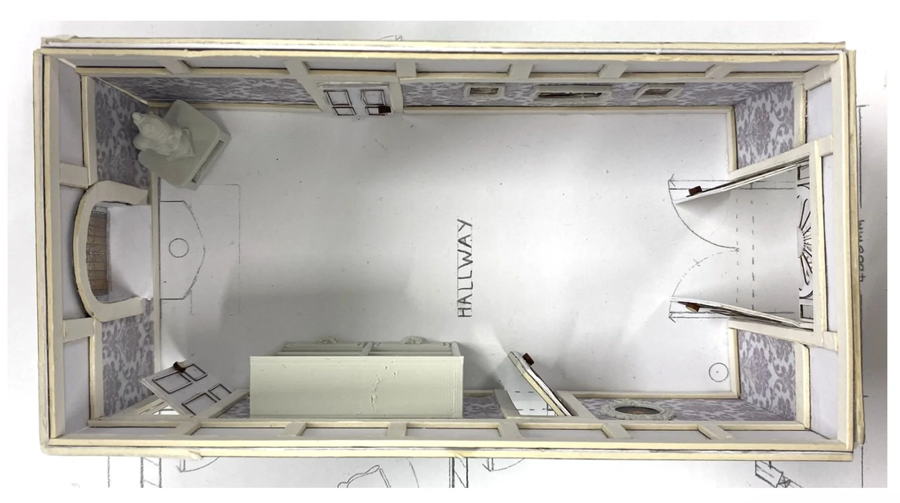 A plan view of my 1:50 scale model for my 'The Small Garden' concept. Victorian townhouse brief, in which I designed and elevated the main hallway, along with full floor plans for the rest of the home. 