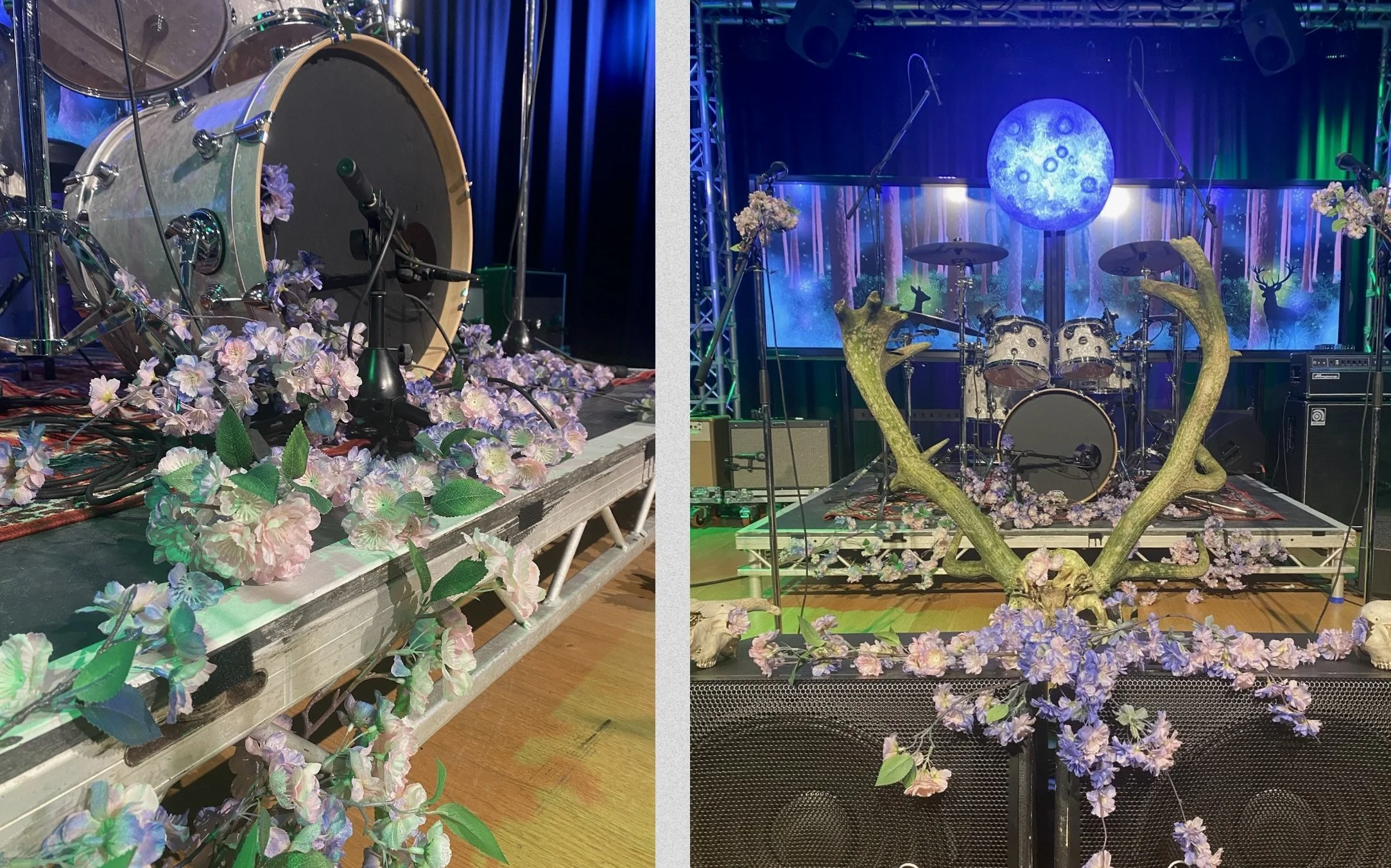 Stage design including props, graphics and lighting for 'Velvet's debut gig, on a £0 budget. Created in collaboration with designers Lettie Scott and Emma Fielding. 