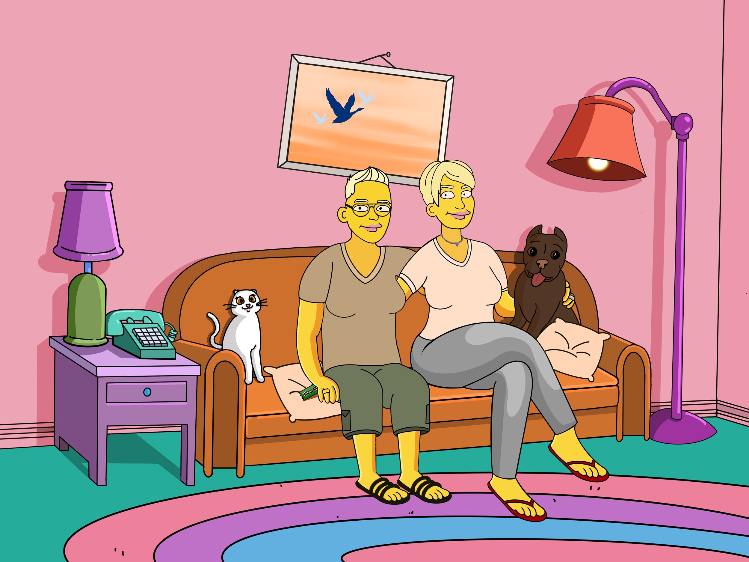 Cartoon commission based on an original photograph, in the style of 'The Simpsons'. 