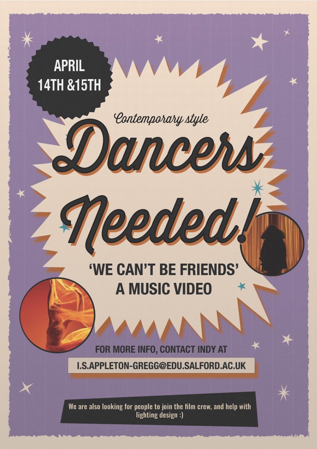 Retro-style flyer design. Initial layout adapted from an Adobe Stock template, customised and adapted to fit the style of the advertised production. 